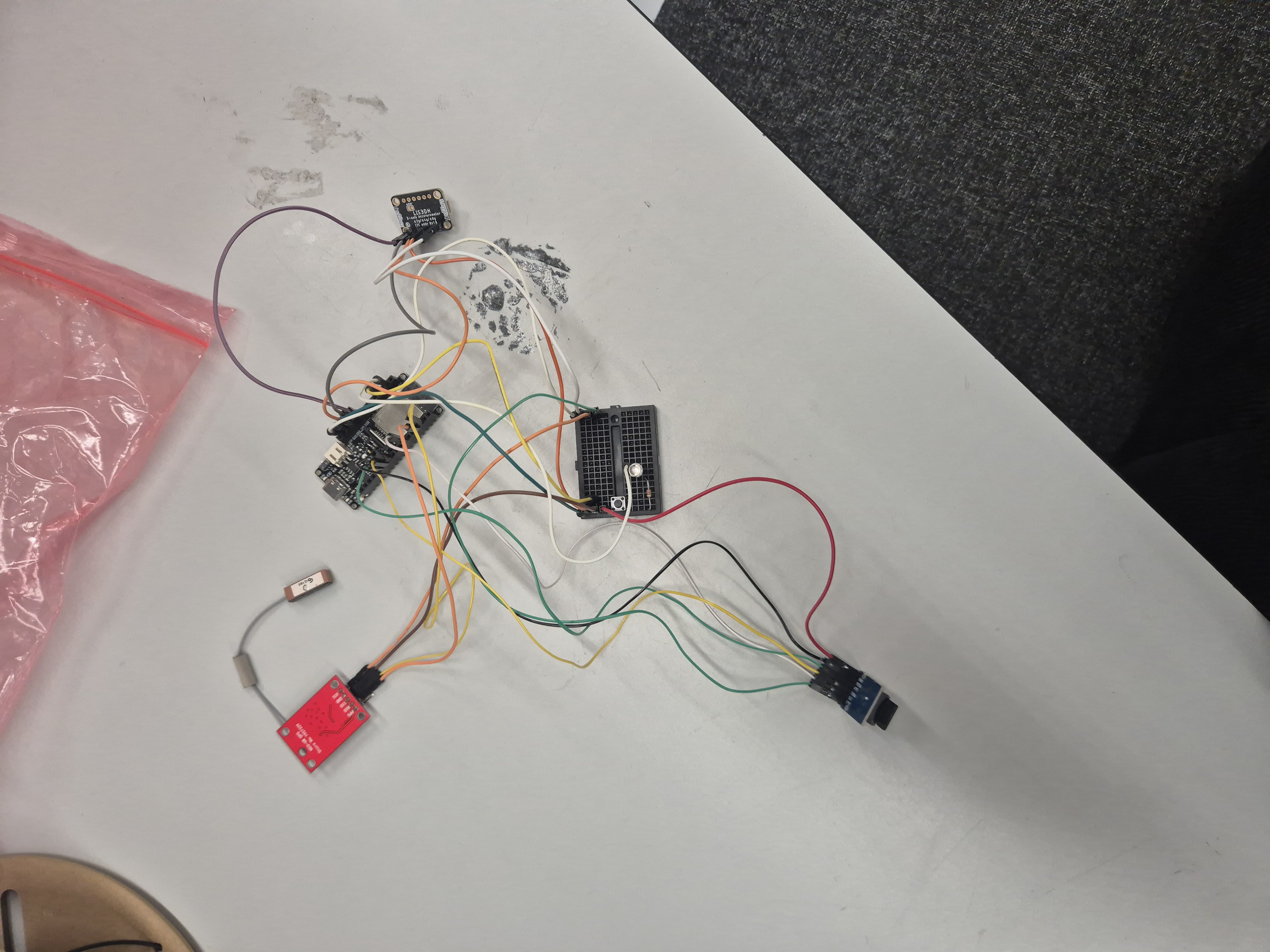 ESP32 assembly, initial breadboard prototype with loose wiring